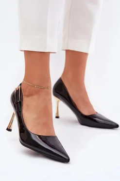 Clearance Lakierowane Szpilki Ze Złotą Klamrą Czarne Mivira Damskie Czółenka Klasyczne