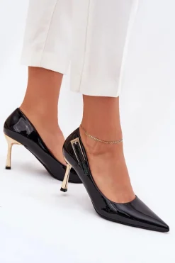 Clearance Lakierowane Szpilki Ze Złotą Klamrą Czarne Mivira Damskie Czółenka Klasyczne