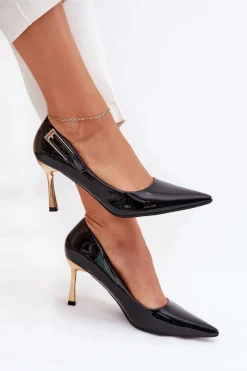 Clearance Lakierowane Szpilki Ze Złotą Klamrą Czarne Mivira Damskie Czółenka Klasyczne