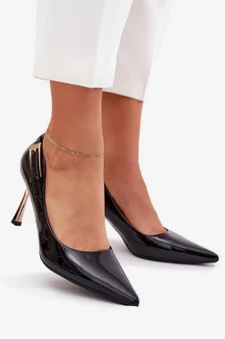 Clearance Lakierowane Szpilki Ze Złotą Klamrą Czarne Mivira Damskie Czółenka Klasyczne