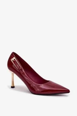 Outlet Boto Lakierowane Szpilki Ze Złotą Klamrą Bordowe Mivira Czerwony