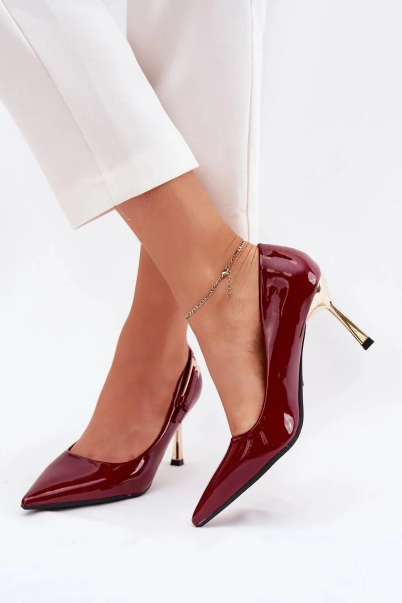 Outlet Boto Lakierowane Szpilki Ze Złotą Klamrą Bordowe Mivira Czerwony