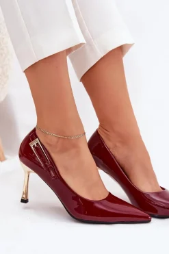 Outlet Boto Lakierowane Szpilki Ze Złotą Klamrą Bordowe Mivira Czerwony