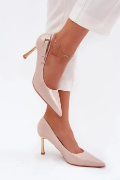 Czółenka Klasyczne>Boto Lakierowane Szpilki Ze Złotą Klamrą Beżowe Mivira