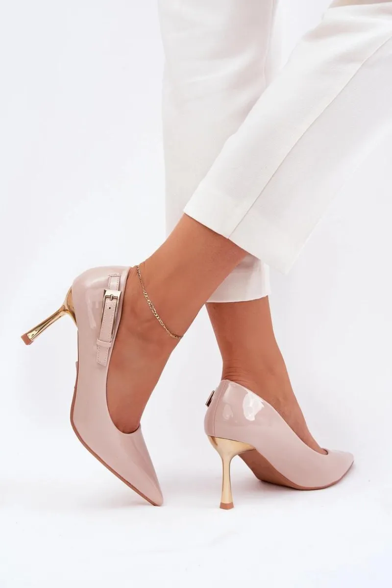 Czółenka Klasyczne>Boto Lakierowane Szpilki Ze Złotą Klamrą Beżowe Mivira