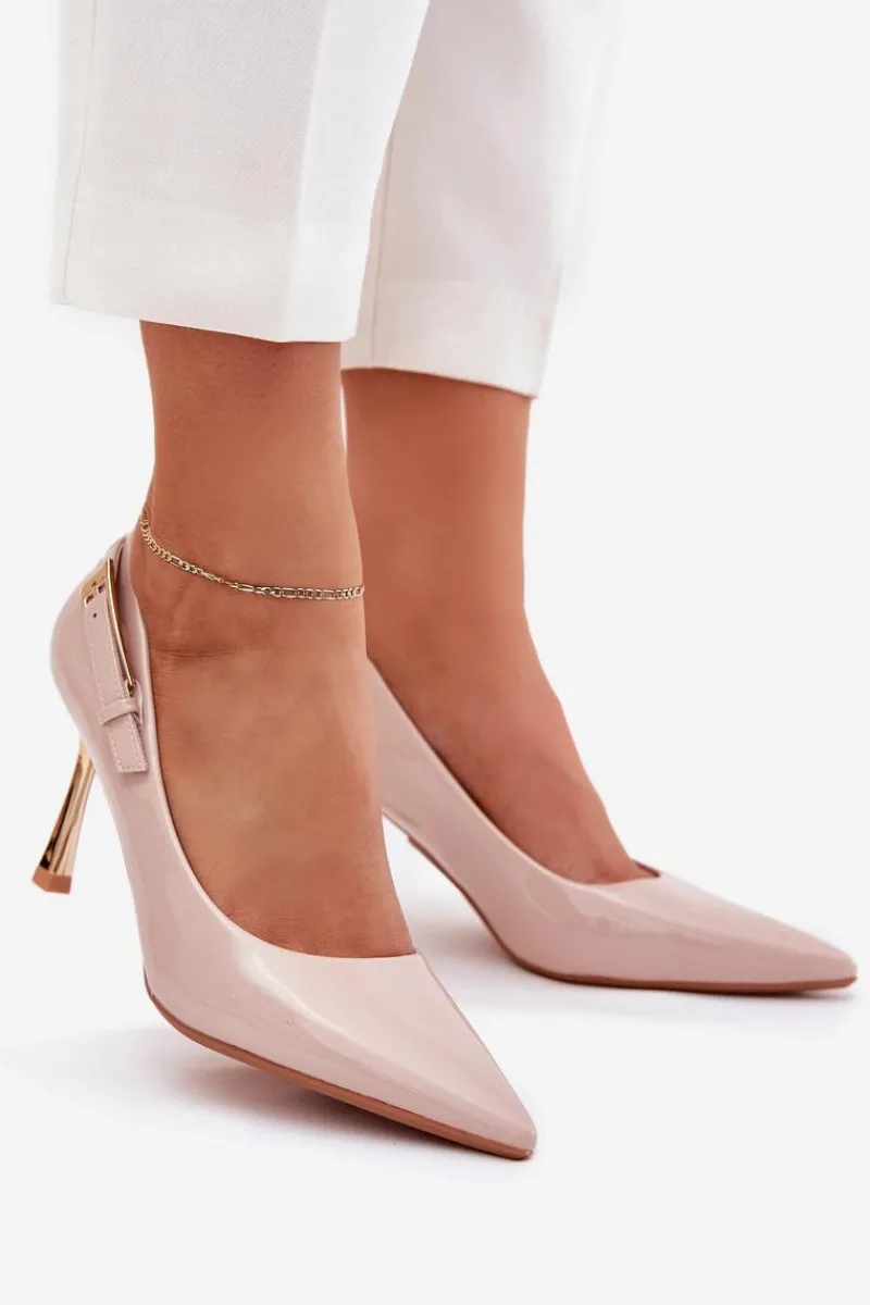 Czółenka Klasyczne>Boto Lakierowane Szpilki Ze Złotą Klamrą Beżowe Mivira