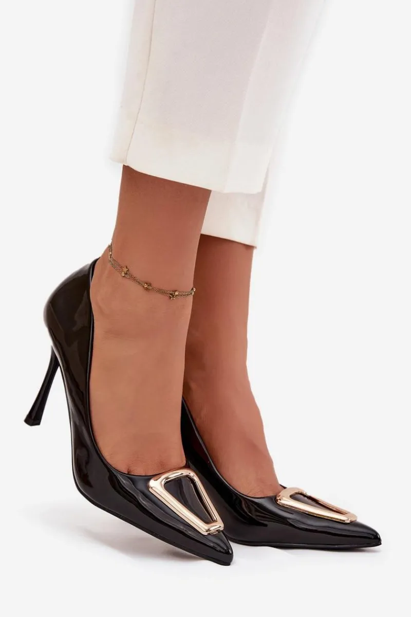 Czółenka Klasyczne>Boto Lakierowane Szpilki Ze Złotym Detalem Czarne Paivelle Czarny