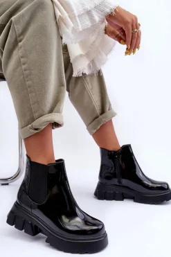 Discount Lakierowane Sztyblety Workery Damskie Czarne Brizora Damskie Czarne Botki|Botki Płaskie