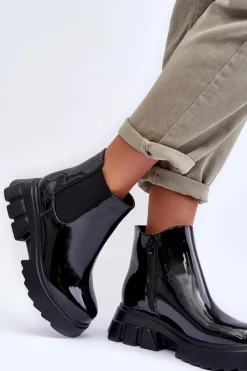 Discount Lakierowane Sztyblety Workery Damskie Czarne Brizora Damskie Czarne Botki|Botki Płaskie