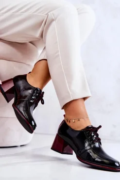 Online Damskie buty S.Barski Lakierowane Wiązane Półbuty Na Słupku Czarno-Czerwone Esmera