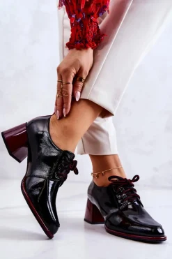 Online Damskie buty S.Barski Lakierowane Wiązane Półbuty Na Słupku Czarno-Czerwone Esmera