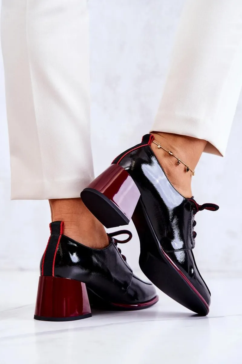 Online Damskie buty S.Barski Lakierowane Wiązane Półbuty Na Słupku Czarno-Czerwone Esmera