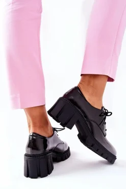 Sale Lakierowane Wiązane Półbuty Czarno-Szare Mosy Damskie Półbuty Lakierowane