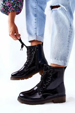 Online Evento Lakierowane Workery Ocieplane Czarne Lomess