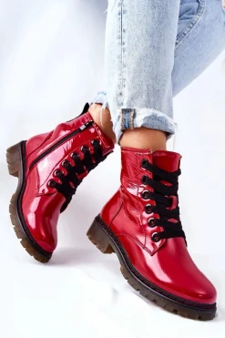 Lakierowane Workery Ocieplane Czerwone Lomess Damskie Botki Sznurowane|Czarne Botki