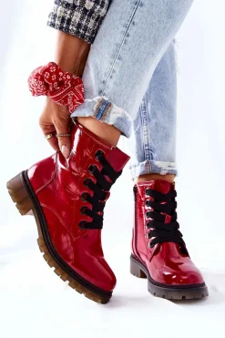 Lakierowane Workery Ocieplane Czerwone Lomess Damskie Botki Sznurowane|Czarne Botki