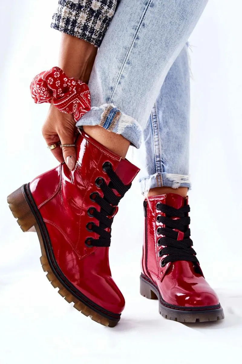 Lakierowane Workery Ocieplane Czerwone Lomess Damskie Botki Sznurowane|Czarne Botki