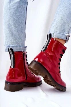 Lakierowane Workery Ocieplane Czerwone Lomess Damskie Botki Sznurowane|Czarne Botki