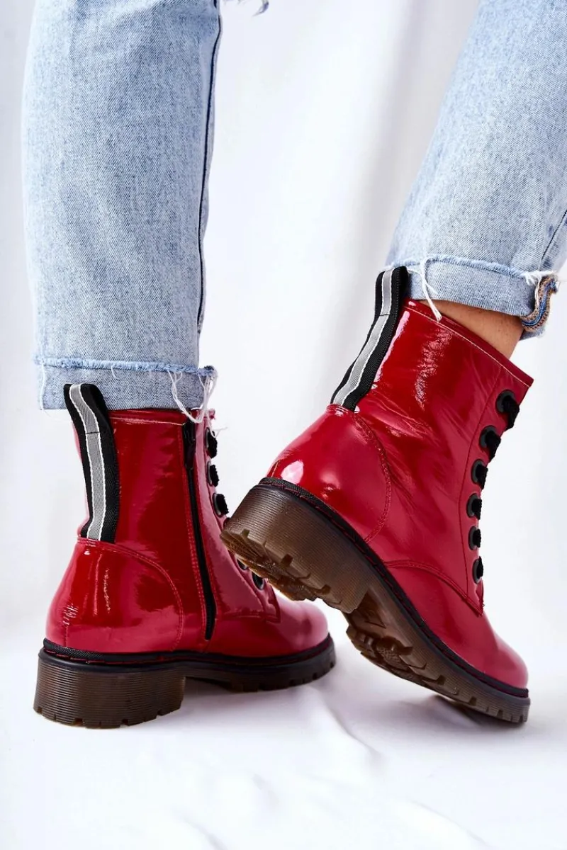 Lakierowane Workery Ocieplane Czerwone Lomess Damskie Botki Sznurowane|Czarne Botki