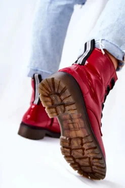 Lakierowane Workery Ocieplane Czerwone Lomess Damskie Botki Sznurowane|Czarne Botki