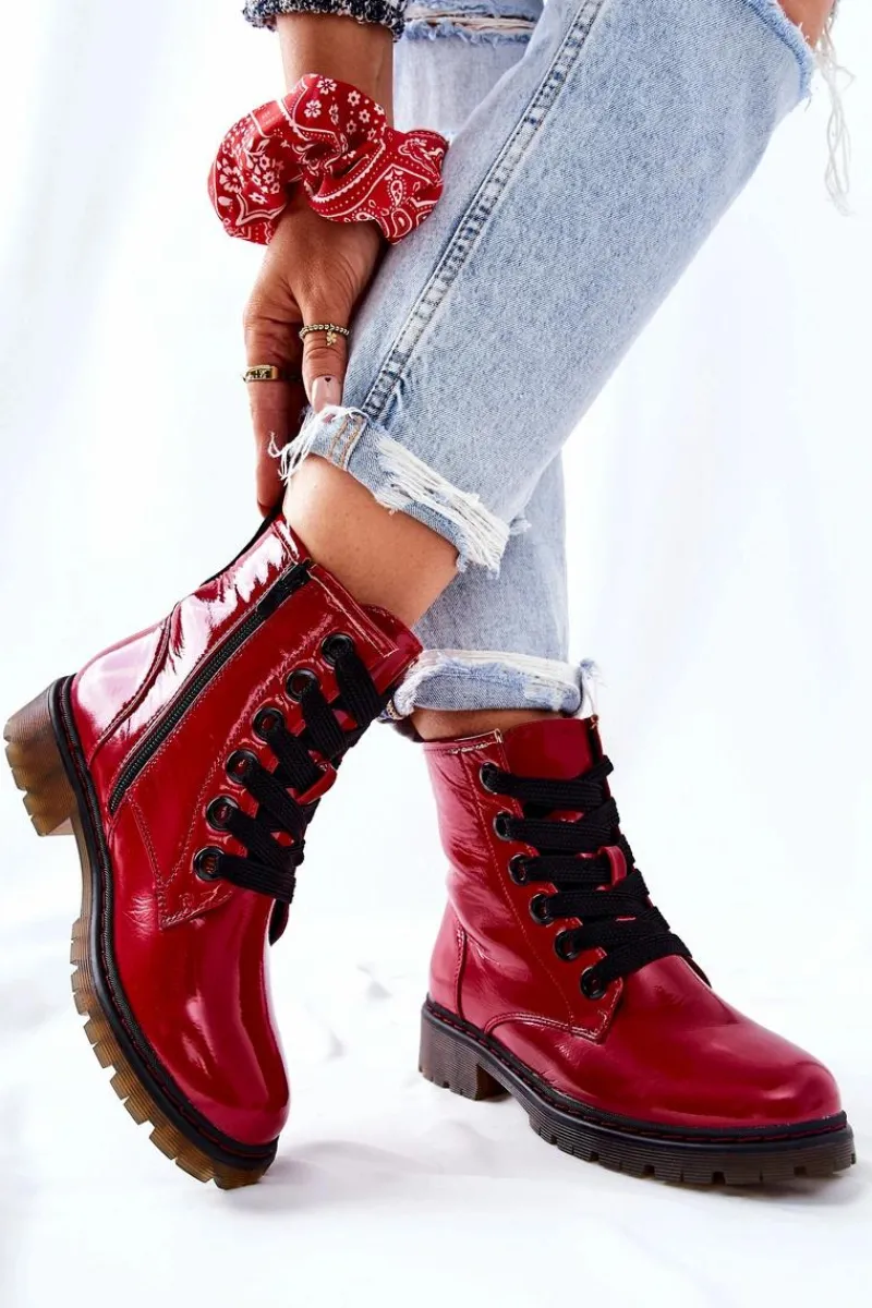 Lakierowane Workery Ocieplane Czerwone Lomess Damskie Botki Sznurowane|Czarne Botki