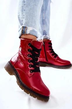 Lakierowane Workery Ocieplane Czerwone Lomess Damskie Botki Sznurowane|Czarne Botki