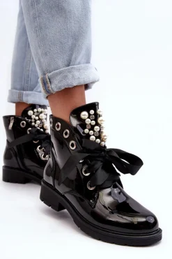 Botki Sznurowane|Czarne Botki>Boto Lakierowane Zdobione Botki Czarne Sirdre