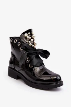 Botki Sznurowane|Czarne Botki>Boto Lakierowane Zdobione Botki Czarne Sirdre