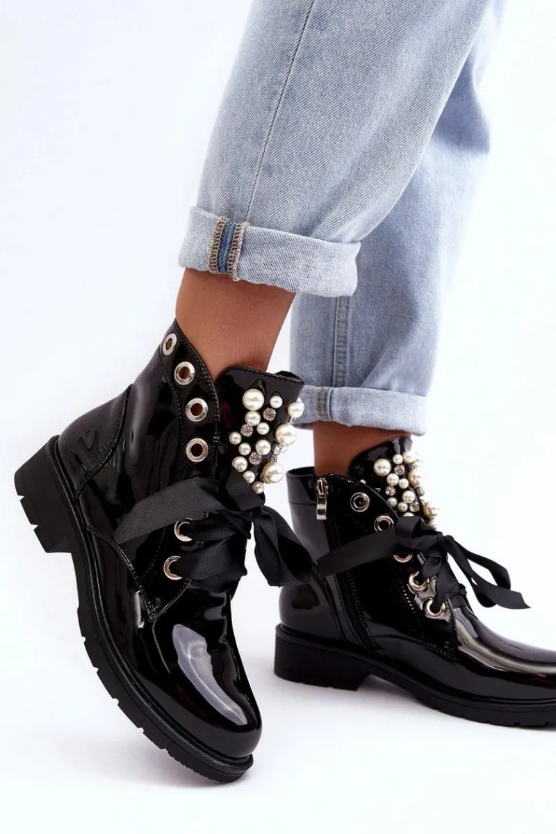 Botki Sznurowane|Czarne Botki>Boto Lakierowane Zdobione Botki Czarne Sirdre