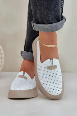Hot Evento Lekkie Ażurowe Skórzane Mokasyny Półbuty Damskie Na Platformie I Koturnie Białe Hanthiel