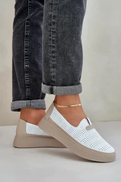 Hot Evento Lekkie Ażurowe Skórzane Mokasyny Półbuty Damskie Na Platformie I Koturnie Białe Hanthiel