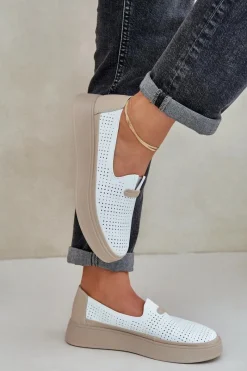 Hot Evento Lekkie Ażurowe Skórzane Mokasyny Półbuty Damskie Na Platformie I Koturnie Białe Hanthiel