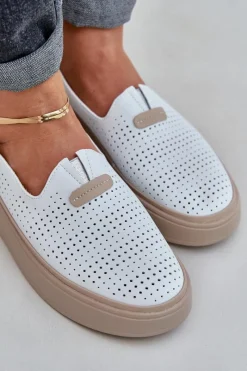 Hot Evento Lekkie Ażurowe Skórzane Mokasyny Półbuty Damskie Na Platformie I Koturnie Białe Hanthiel