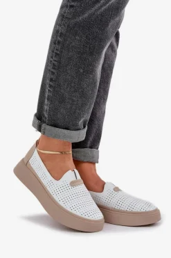 Hot Evento Lekkie Ażurowe Skórzane Mokasyny Półbuty Damskie Na Platformie I Koturnie Białe Hanthiel