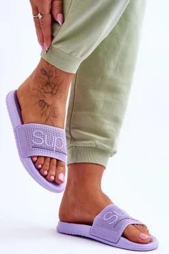 Hot Lekkie Damskie Klapki Z Napisem Fioletowe Merry Damskie Klapki Sportowe