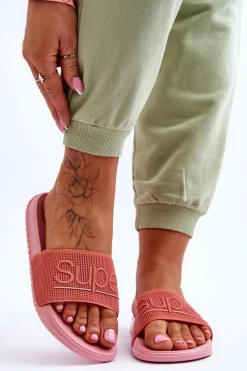 Outlet Boto Lekkie Damskie Klapki Z Napisem Różowe Merry