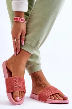 Outlet Boto Lekkie Damskie Klapki Z Napisem Różowe Merry