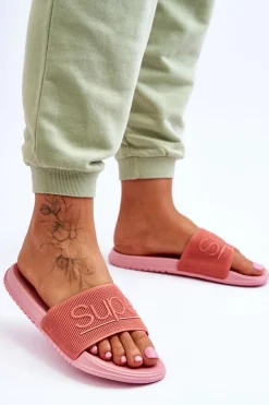 Outlet Boto Lekkie Damskie Klapki Z Napisem Różowe Merry