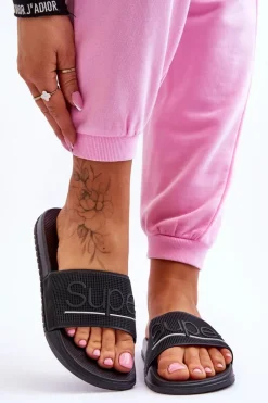 Online Lekkie Damskie Klapki Z Napisem Czarne Merry Damskie Klapki Sportowe