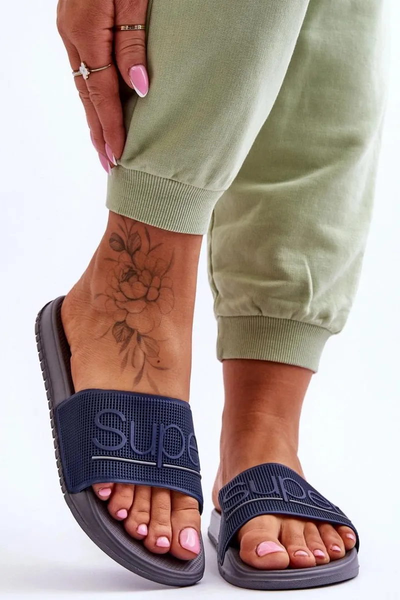 Klapki Sportowe>Boto Lekkie Damskie Klapki Z Napisem Granatowo-Szare Merry