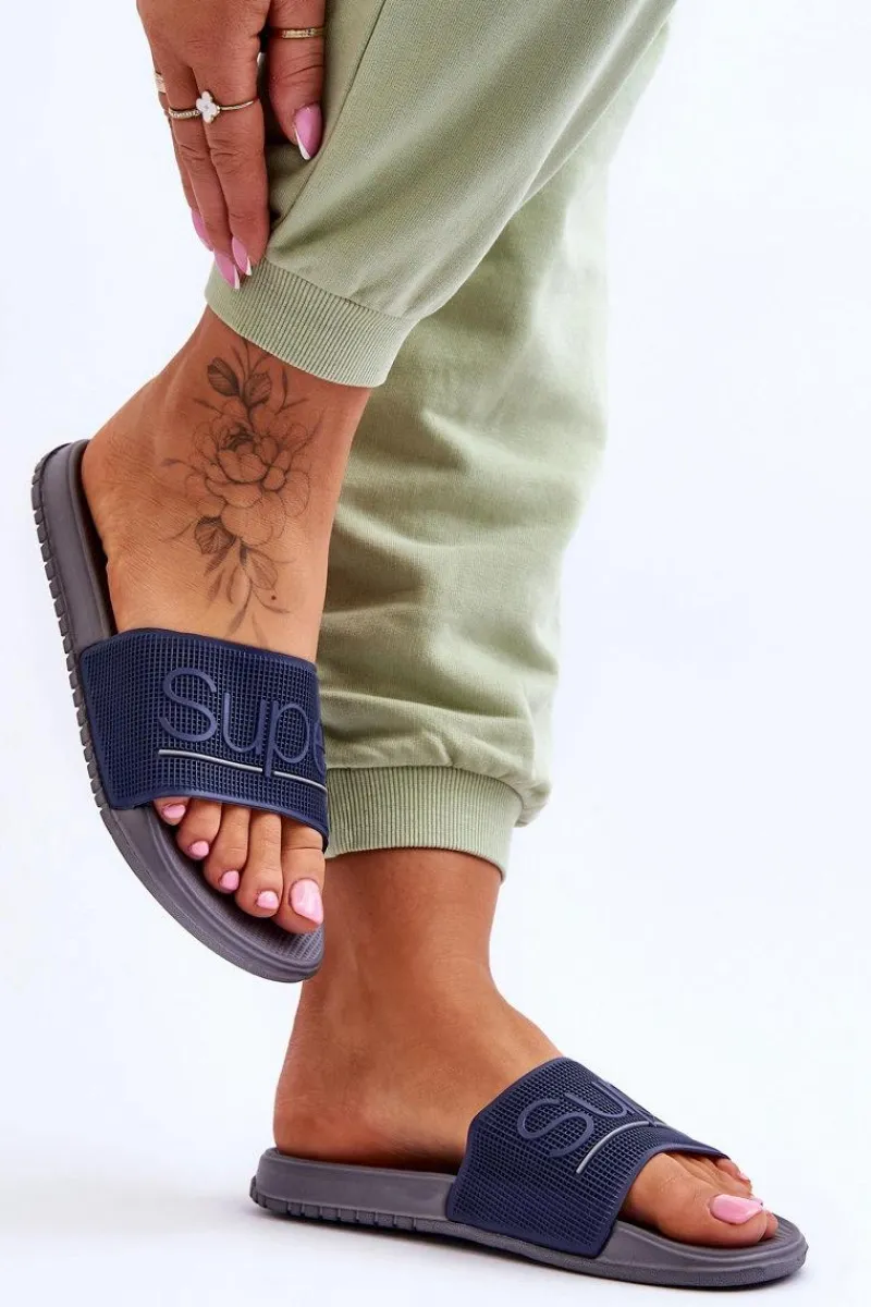 Klapki Sportowe>Boto Lekkie Damskie Klapki Z Napisem Granatowo-Szare Merry