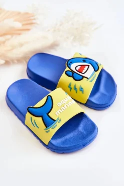 Outlet Lekkie Dziecięce Klapki Żółto-Niebieskie Sharky Dzieci Chłopięce|Dziewczęce
