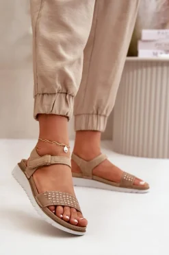 Outlet INBLU Lekkie I Wygodne Zdobione Sandały Damskie Na Rzep Ciemnobeżowe CN000039