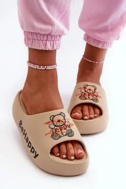 Lekkie Klapki Damskie Na Grubej Podeszwie Z Misiem Piankowe Ciemnobeżowe Serefina Damskie Klapki Basenowe|Klapki Na Platformie