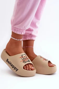 Lekkie Klapki Damskie Na Grubej Podeszwie Z Misiem Piankowe Ciemnobeżowe Serefina Damskie Klapki Basenowe|Klapki Na Platformie