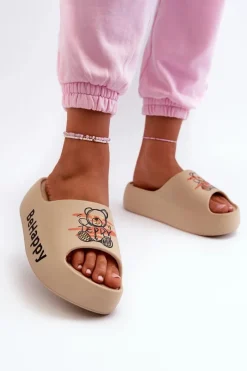 Lekkie Klapki Damskie Na Grubej Podeszwie Z Misiem Piankowe Ciemnobeżowe Serefina Damskie Klapki Basenowe|Klapki Na Platformie