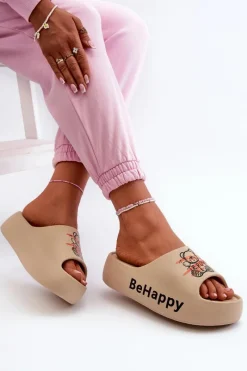 Lekkie Klapki Damskie Na Grubej Podeszwie Z Misiem Piankowe Ciemnobeżowe Serefina Damskie Klapki Basenowe|Klapki Na Platformie