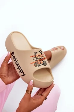 Lekkie Klapki Damskie Na Grubej Podeszwie Z Misiem Piankowe Ciemnobeżowe Serefina Damskie Klapki Basenowe|Klapki Na Platformie