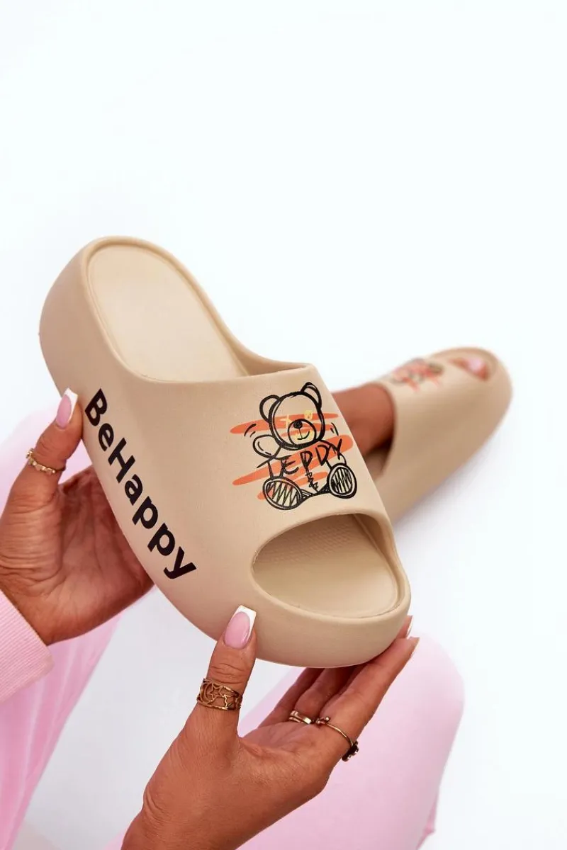 Lekkie Klapki Damskie Na Grubej Podeszwie Z Misiem Piankowe Ciemnobeżowe Serefina Damskie Klapki Basenowe|Klapki Na Platformie