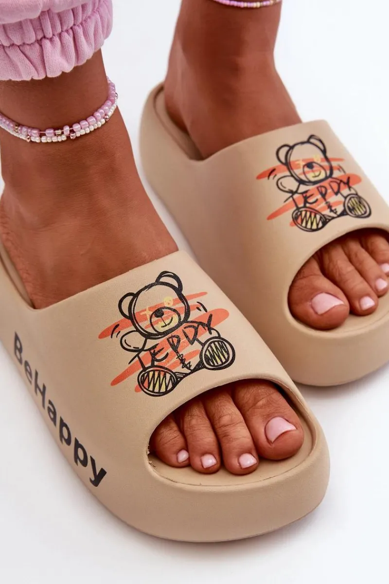 Lekkie Klapki Damskie Na Grubej Podeszwie Z Misiem Piankowe Ciemnobeżowe Serefina Damskie Klapki Basenowe|Klapki Na Platformie